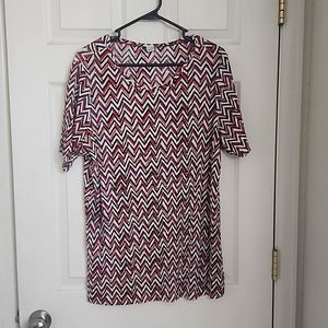 Red, gray, black, white blouse.